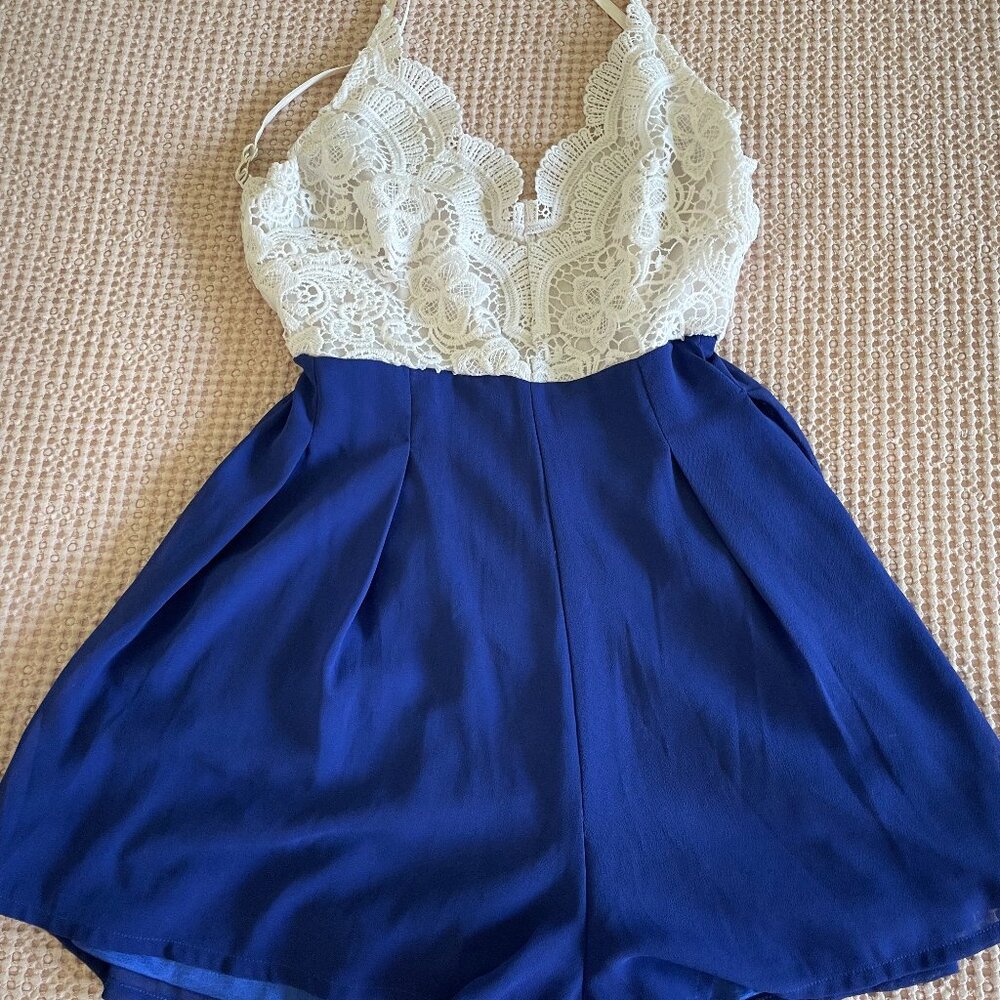 Backless Lacy Spaghetti Strap Blue and White Romper Women/Juniors Size S